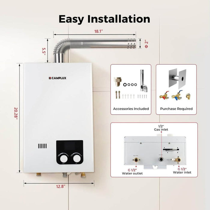 Camplux Tankless Propane Instant Hot Water Heater 2.64 GPM | White